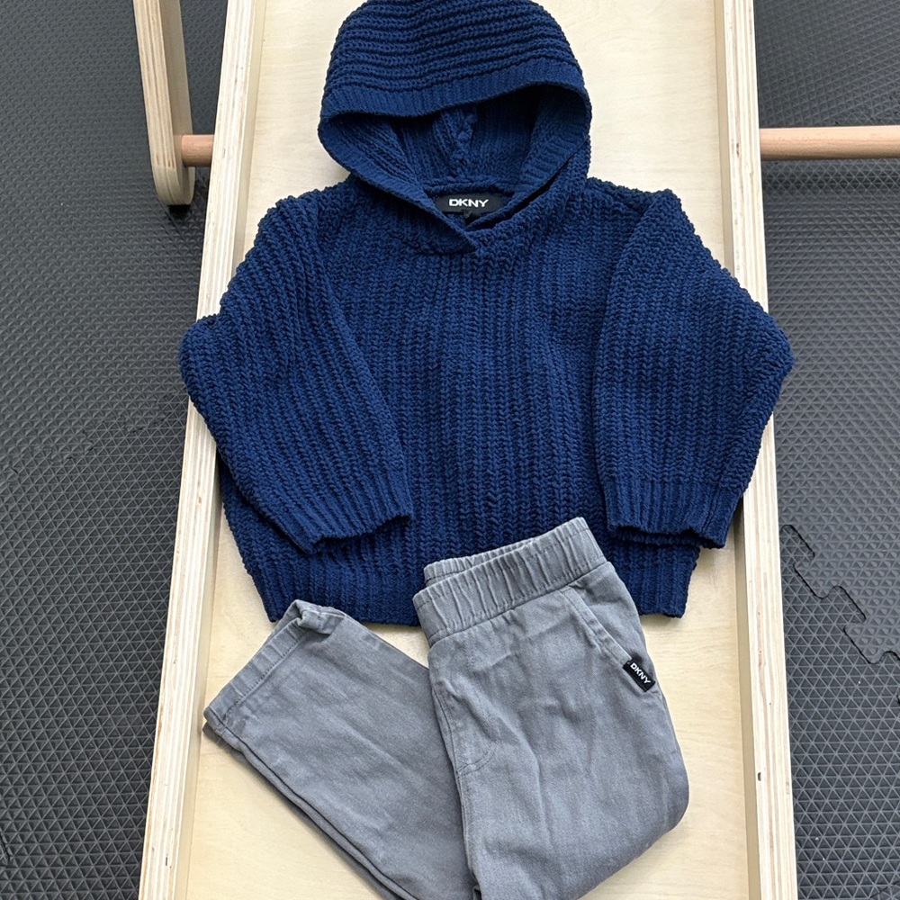 DKNY Toddler Blue Hooded Sweater and Gray Pants set 18m